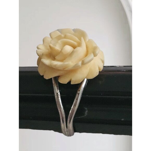BEAU STERLING CREAM ROSE CELLULOID Ring VINTAGE ESTATE JEWELRY Size 6 RARE 925 - Picture 5 of 12